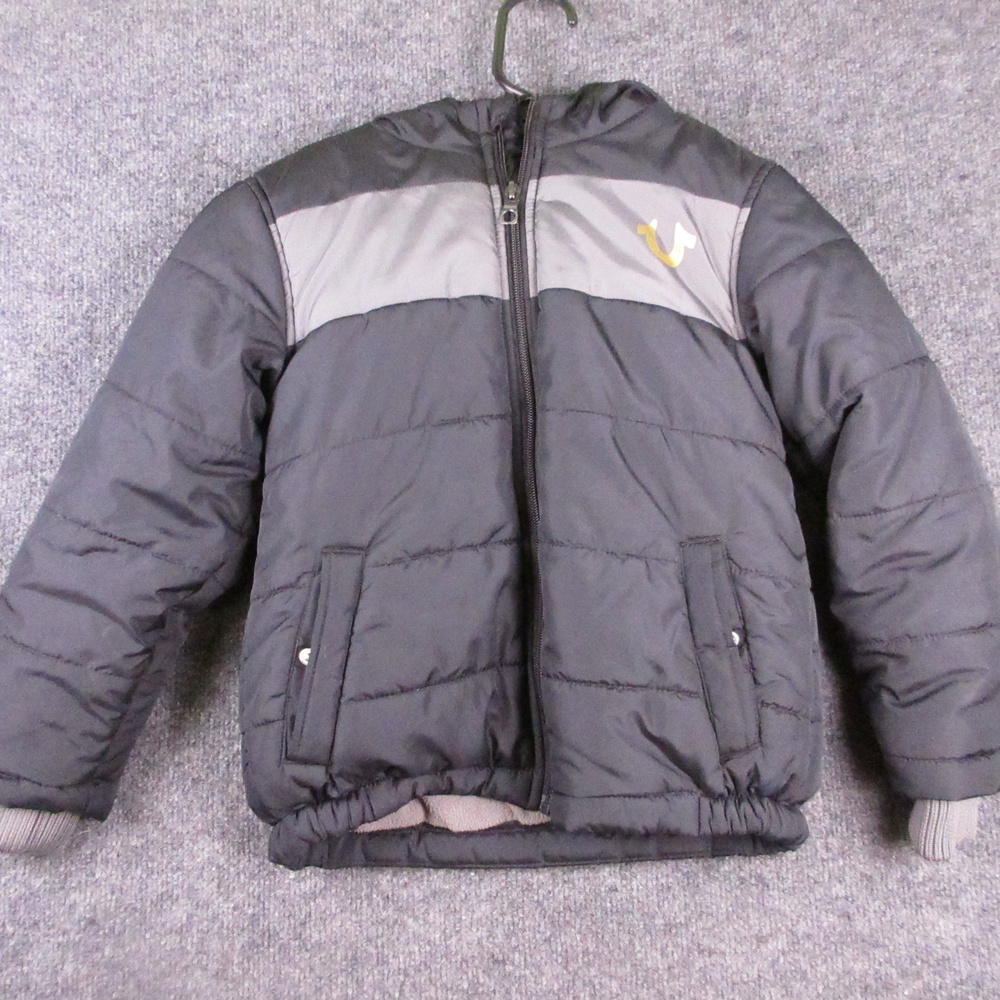 True Religion Jacket Kids 5-6 Black Gray Hooded Puffer Quilted Logo Winter